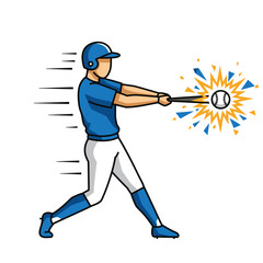 A dynamic illustration captures a baseball player powerfully hitting a fast-moving ball with an energetic explosion of impact during an exciting game.