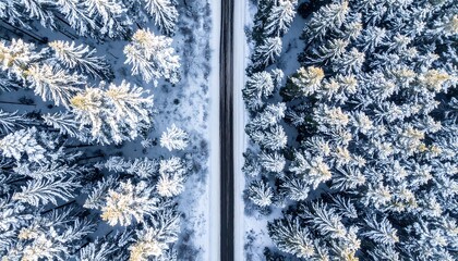 Overhead view of a road cutting through a snowy forest