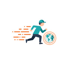 A stylized illustration depicts a swift courier running with an Earth globe, symbolizing rapid global delivery and efficient international logistics services.