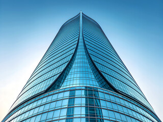 Modern glass skyscraper with curved facade reaching towards a clear blue sky