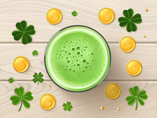 Refreshing green beverage with shamrocks and gold coins for saint patrick s day celebration
