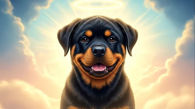 Angel Rottweiler in Heaven - A digital illustration of a Rottweiler dog with a halo floating above its head, set against a backdrop of bright, sunlit clouds.