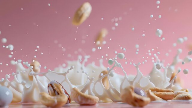 A milk splash cashew almond hazelnut pistachio nut liquid dairy pink background fresh healthy food drink ingredient closeup macro dynamic motion creamy organic natural vegan protein breakfast bever