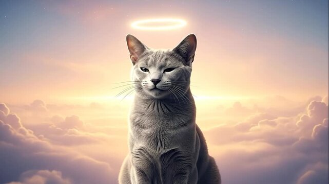 Angel Cat in the Clouds - This video shows a grey cat sitting with a halo above its head. The background is a dreamy scene of clouds with a soft, glowing light.