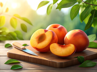 Ripe nectarines on a wooden board with a knife and green leaves in sunlight