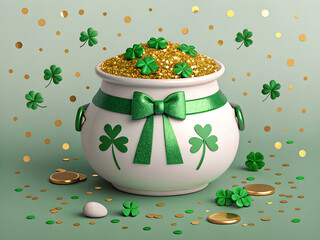 St patricks day pot of gold filled with glitter and surrounded by shamrocks and coins