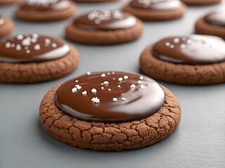 Delicious chocolate cookies with white icing and sprinkles on a textured surface