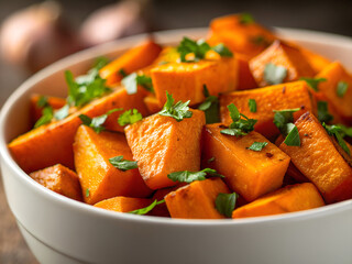 Close up of a bowl filled with delicious roasted sweet potato cubes sprinkled with fresh parsley