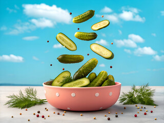 Freshly picked cucumbers falling into a pink bowl with dill and peppercorns against a blue sky