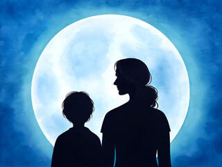 Silhouette of a mother and child gazing up at a large glowing full moon in the night sky
