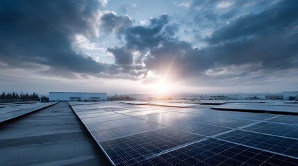 Rooftop solar panel installation on a modern industrial building illuminated by the glow of a dramatic sunset with heavy clouds