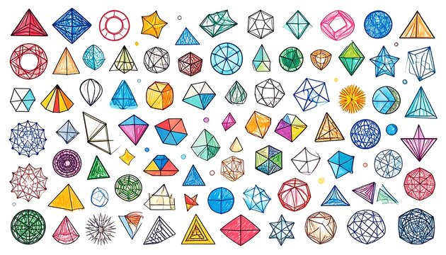 A collection of geometrically-shaped objects featuring varied colors and line art, arranged in a visually appealing, illustrative format