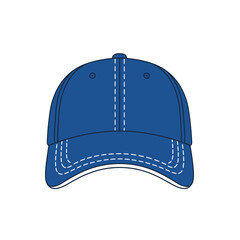 A stylish blue baseball cap, featuring crisp white stitching details, is presented in a clean front-view vector illustration, perfect for casual headwear designs.
