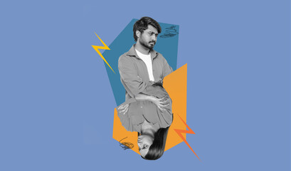 This collage features two figures intertwined in a dynamic arrangement, set on a vibrant blue background. Bold colors and shapes enhance the expression of deep emotions and relationships.