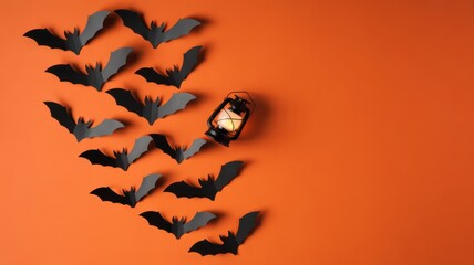 Halloween Silhouette Bats and Lamp: A meticulously crafted scene featuring paper bats soaring against a vibrant orange backdrop, illuminated by a vintage lamp.