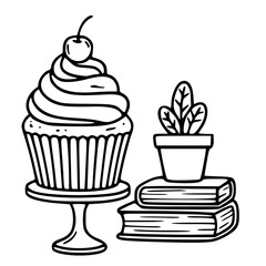 Cupcake with book and flower outline illustration