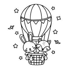 Obraz premium Cute bunnies hot air balloon outline illustration