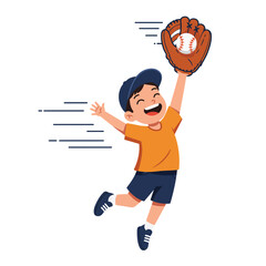 An energetic young boy, full of joy and enthusiasm, leaps high to catch a baseball with his glove, embodying youthful sport and active play.