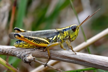 Fototapeta premium Grasshopper crawling on a dry branch in nature