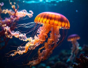 Vibrant jellyfish in an aquarium