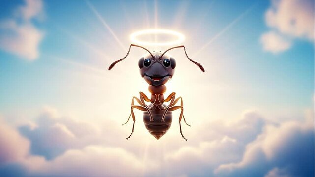 Angelic Ant in the Sky - A cartoon ant floats against a bright blue sky with fluffy white clouds, wearing a halo above its head. The ant smiles serenely with its arms crossed over its body.