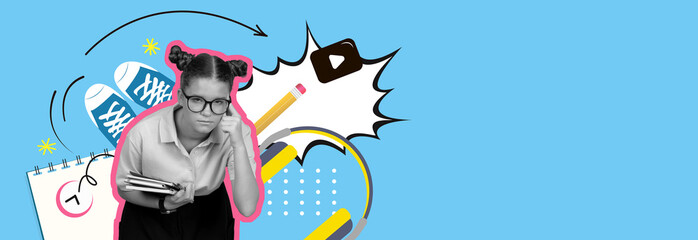 A student with glasses looks thoughtful while holding notebooks amid colorful school supplies and digital icons. The background is bright blue, adding a lively feel to the scene.