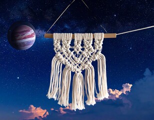 Decorative Macrame Hanging Against a Galaxy Background with a Planet