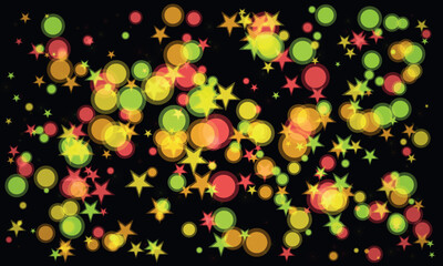 Colorful bokeh and star particle overlay on black background celebration design