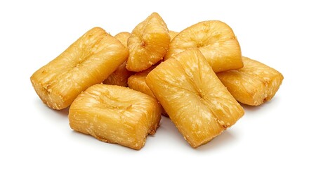 A pile of goldenbrown rectangular fried pastries with layered texture on a white background