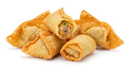 A pile of goldenbrown fried wontons one cut open revealing filling