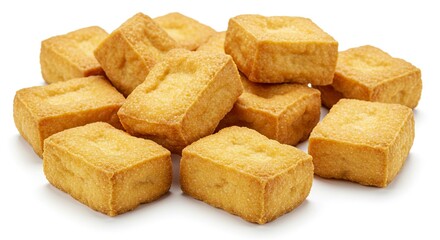 A pile of goldenbrown rectangular fried tofu pieces clustered together on a white background