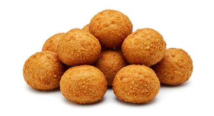 A pile of goldenbrown round deepfried croquettes with a textured surface casting shadows on a white background