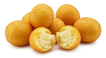 A pile of goldenbrown round fried potato balls with one split open revealing a fluffy white interior
