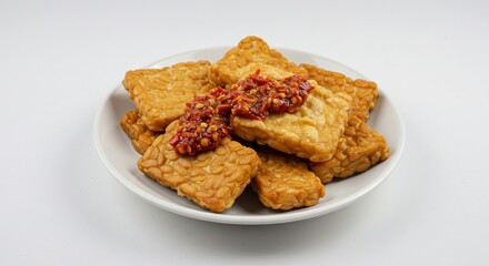 A plate of fried tempeh triangles topped with a red sauce