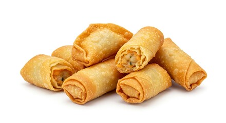 A pile of goldenbrown spring rolls some cut open to reveal the filling on a white surface