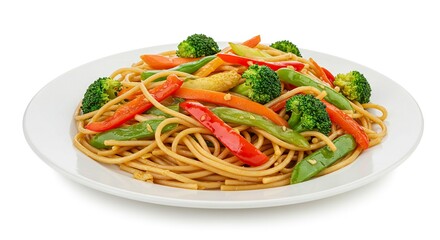 A plate of lo mein noodles with assorted vegetables including broccoli carrots red peppers and snow peas