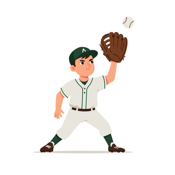 A focused young baseball player in a classic white and green uniform with a brown glove expertly catches a baseball during an active game or practice.