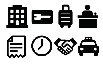 Obraz na płótnie Canvas Brutalist Hotel Icons. Hotel Checkout silhouette set. hotel building, room keycard, luggage bag, reception desk, invoice paper, clock, handshake, taxi.