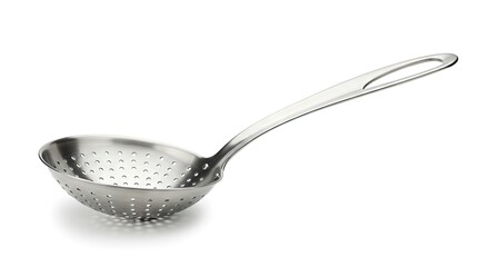 A shiny metal skimmer with a long handle and draining holes is displayed on a white background