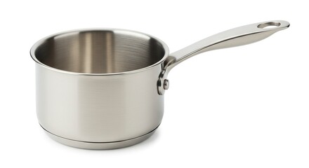 A shiny stainless steel saucepan sits on a white surface its handle extending to the right