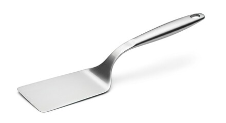 A shiny stainless steel spatula with a long curved handle positioned diagonally on a white surface