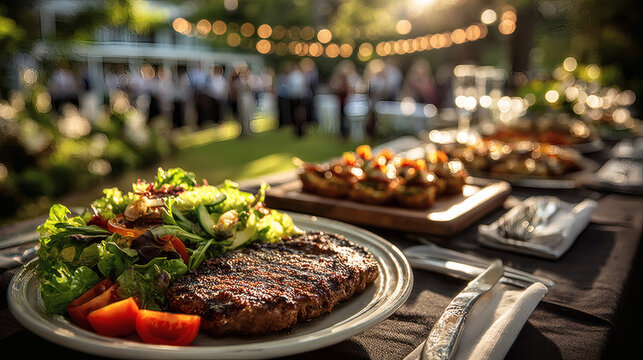 Delicious outdoor buffet with grilled steak.
