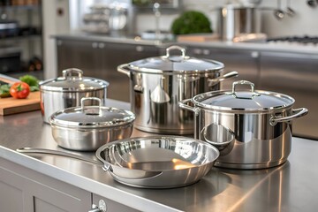 Stainless steel cookware set arranged on kitchen counter