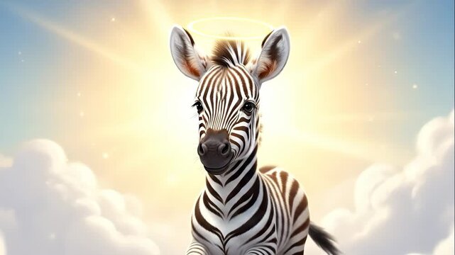 Angelic Zebra in Heaven - This video shows a cartoon zebra with a halo above its head set against a background of fluffy clouds and radiant sunlight. - Powered by Adobe