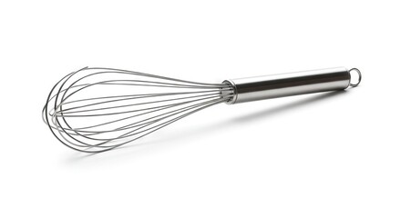 A stainless steel whisk with a tubular handle sits diagonally on a plain white surface casting a faint shadow