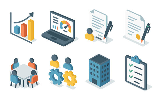 Business Icon Set. Business Load Balancer isometric set. bar chart, KPI dashboard, meeting table, contract document, teamwork gears, office building, target bullseye, checklist