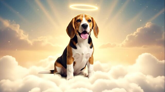 Beagle in Heaven - A beautiful beagle dog sits in the clouds with a halo floating above its head, set against a soft, ethereal sky. The dog is smiling with its tongue out.
