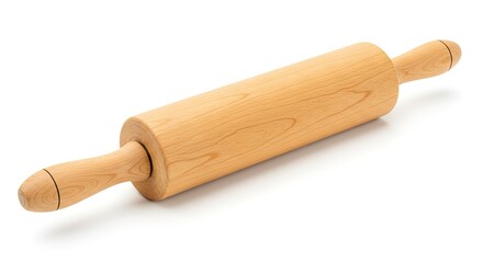 A wooden rolling pin lies on a white background displaying its smooth cylindrical body and handles
