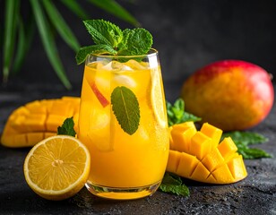 Vibrant mango drink with fresh fruit