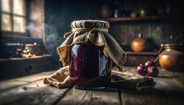 Mystical Dark Witchy Beet Kvass in Jar on Rustic Wooden Table &ndash; Cottagecore Atmosphere